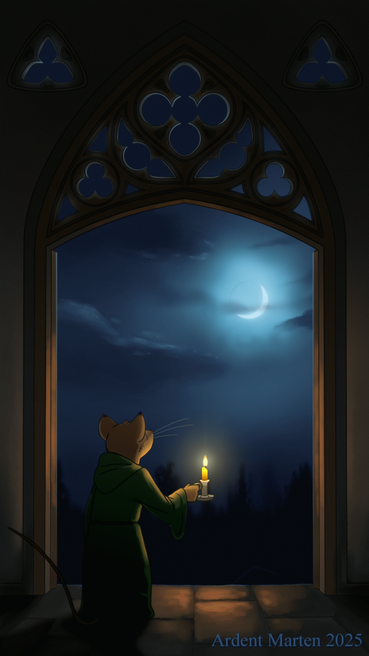 An animated gif of a mouse wearing a monk's robes, holding acandle and standing in the gothic doorway of a cathedral, looking at the light of the moon.