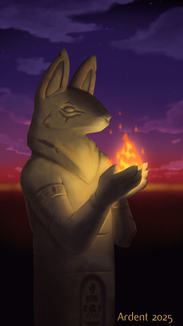 An animated gif of an ancient statue holding a small, flickering fire in it's hands.