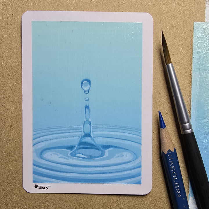 A painting of a single droplet of water causing a gentle ripple on the surface of some water.