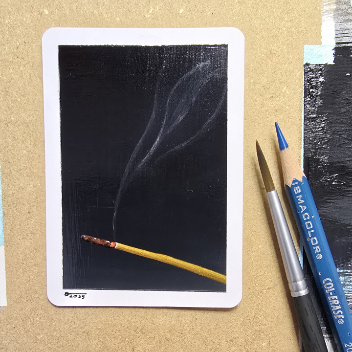 A painting of a long, thin, wisp of smoke coming from the burning end of a stick of incense.