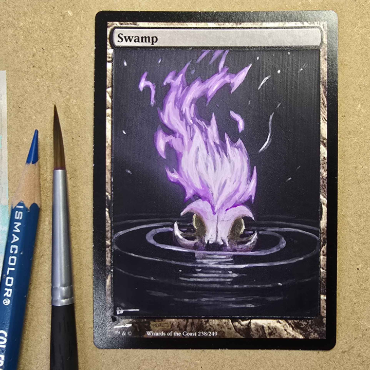 A painting of a cat skull floating in a pool of inky black water. Above the skull is a burning purple flame.