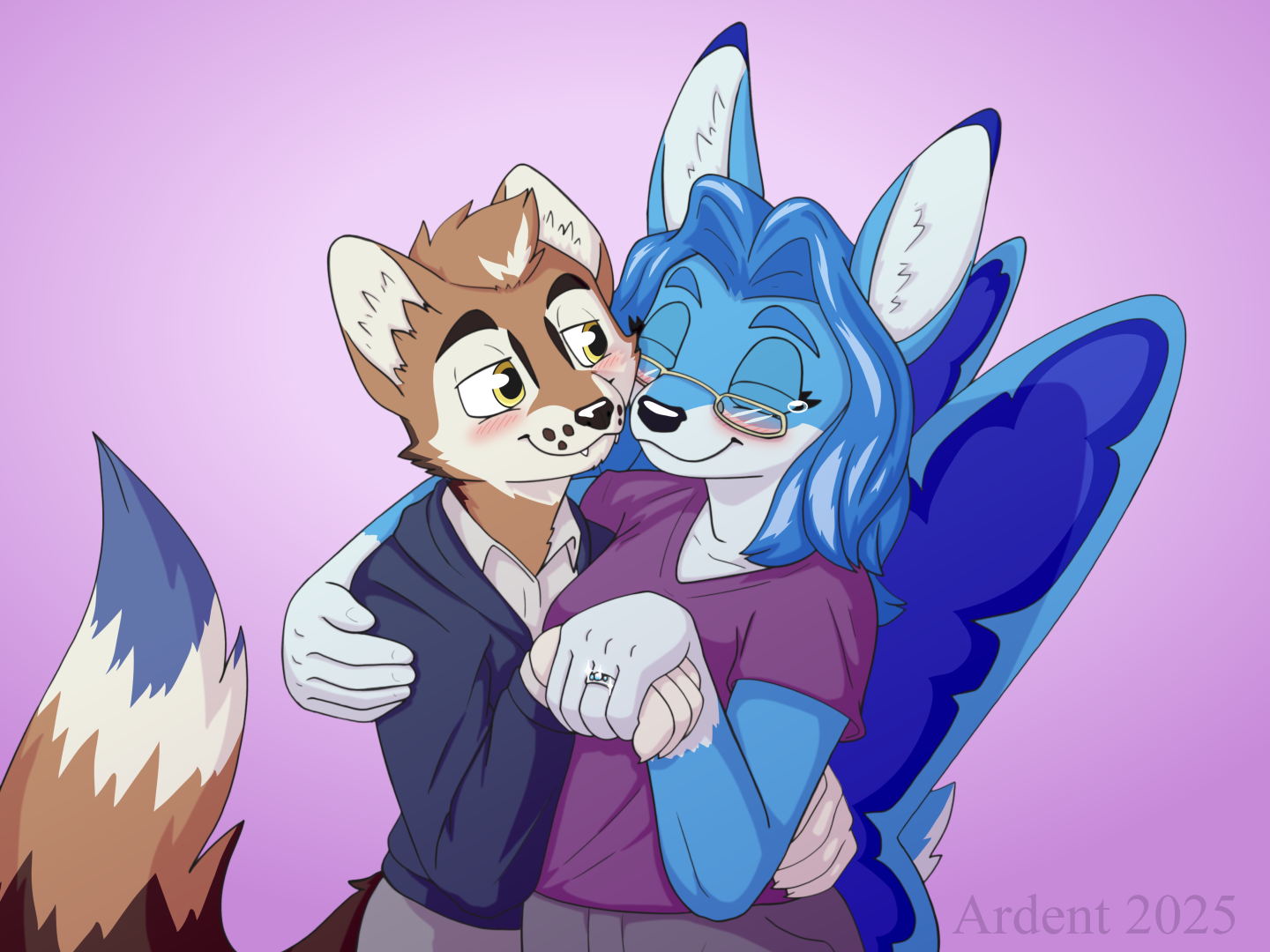 Ardent and Whimsy holding hands, showing off her engagement ring!