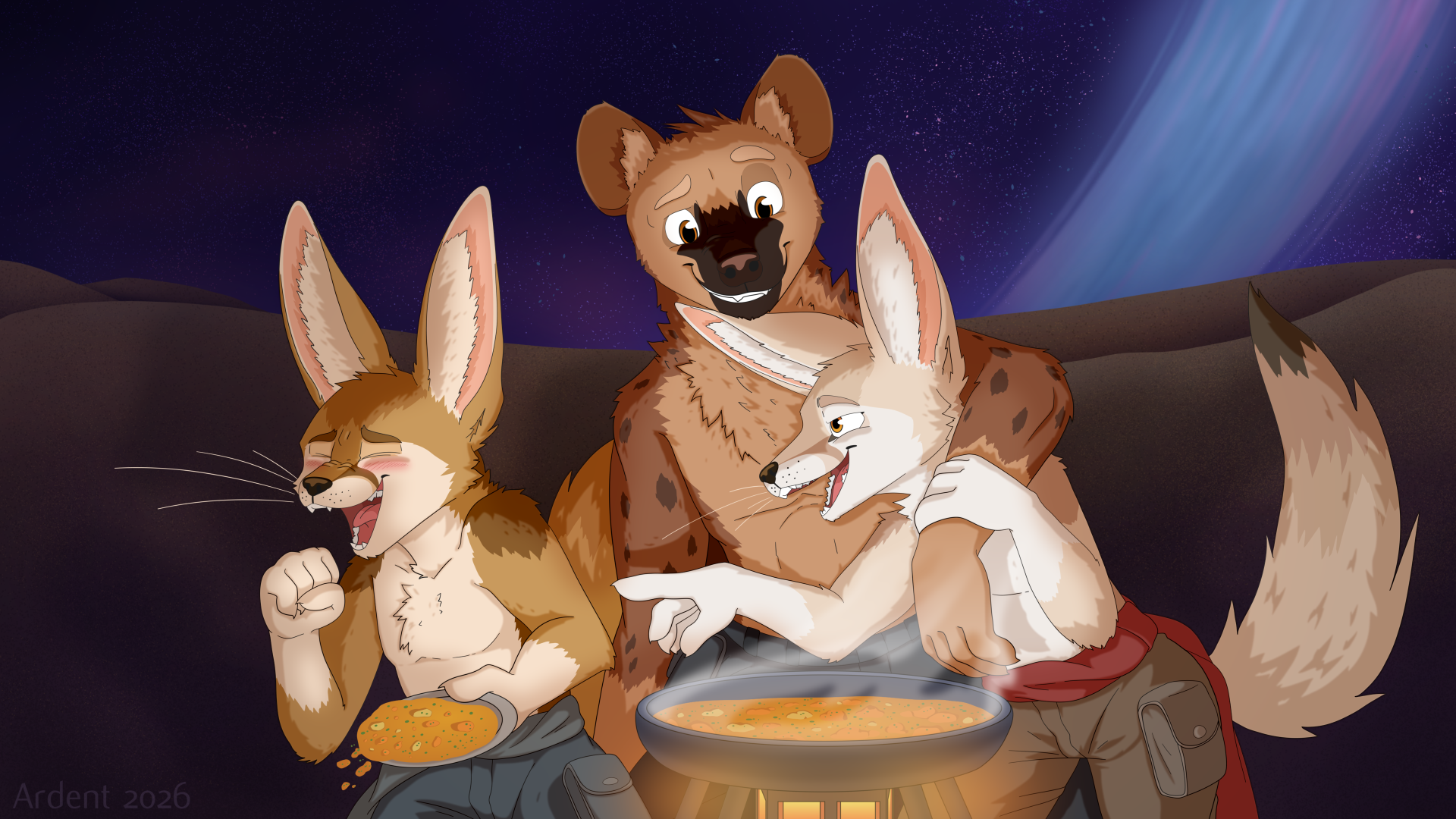 Two fennec foxes and a hyena sit around a camp stove and laugh at a funny joke one of them told.