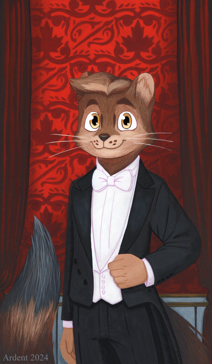 Ardent the pine marten stands proudly, posing for a formally painted portrait. He wears an 18th century style tuxedo and stands in front of a wall with an elaborate wallpaper pattern and matching hanging drapery.