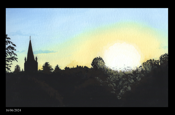 A view of a sunset casting light over some trees and the steeple of a church.
