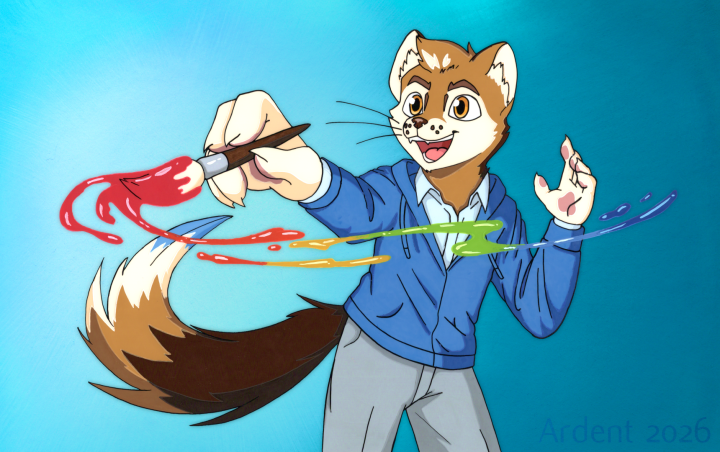 The animation cel of Ardent holding a paint brush..