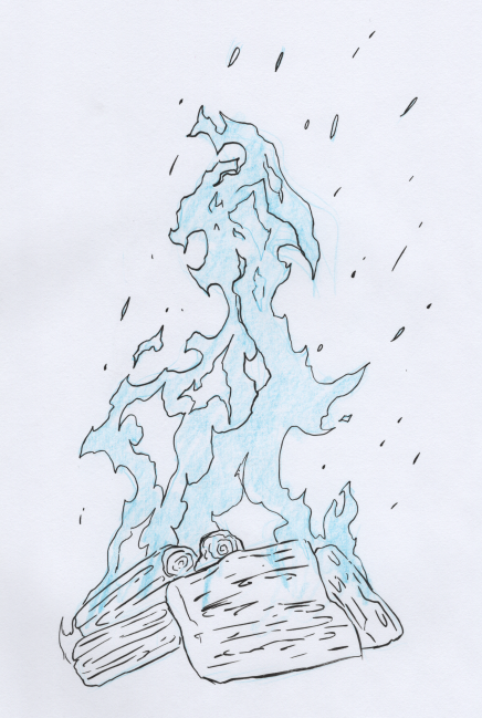 A sketch of a bonfire in pencil and ink.