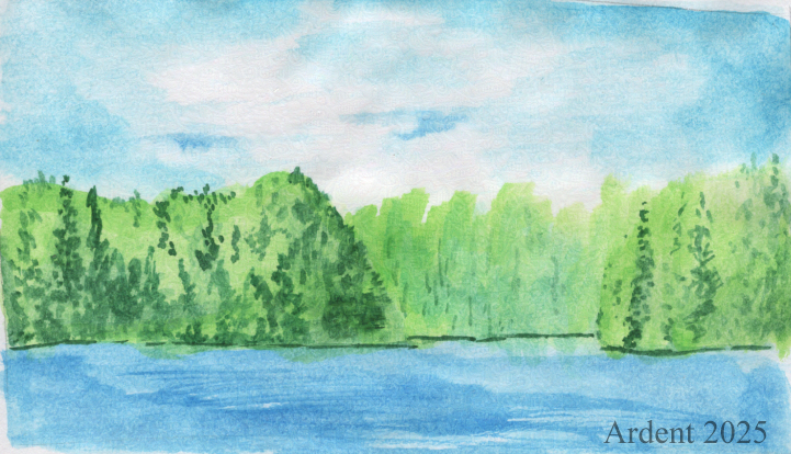 A small watercolour painting of some hills covered in trees across the water of a lake.