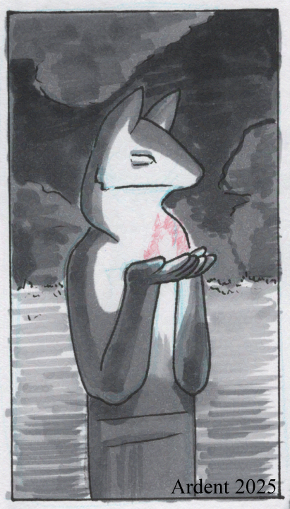 A pen and ink sketch of an animal shaped statue holding a small fire.