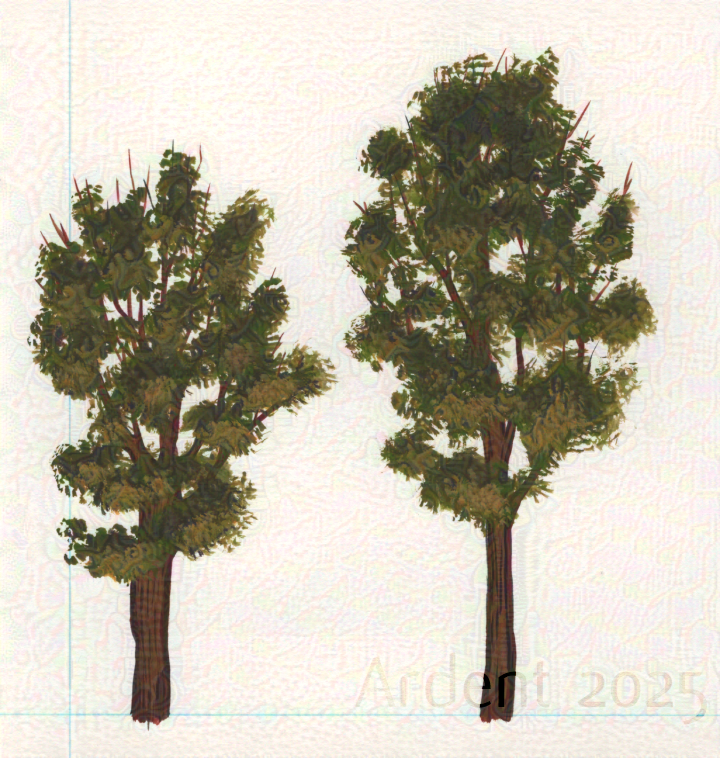 An acrylic painting of two trees.