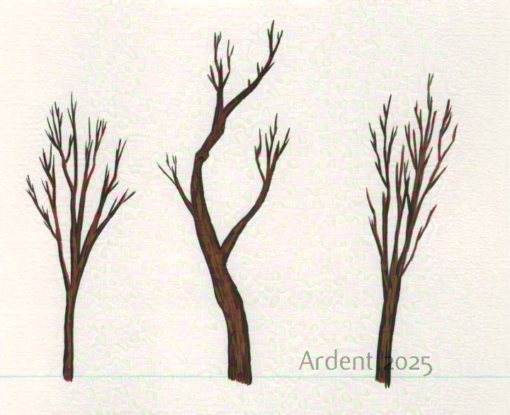 An acrylic painting of three dead trees.