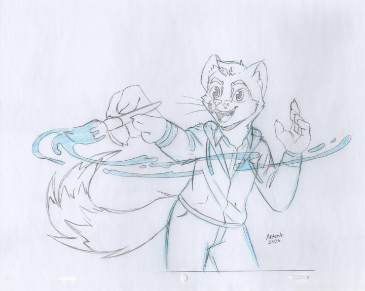 The rough pencil art of Ardent holding a paint brush.